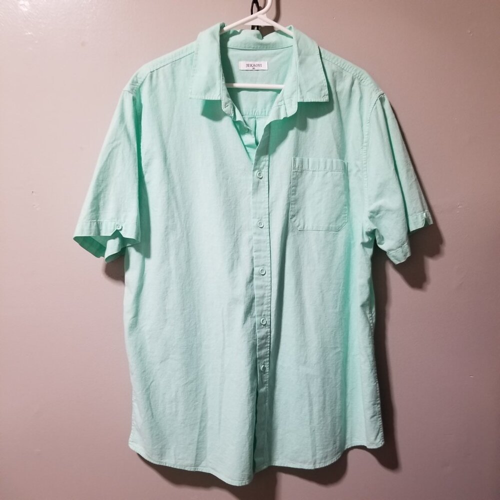 💚2/$20 JEKAOYI Casual Shirt Green Textured Linen Cotton Coastal Men's XL